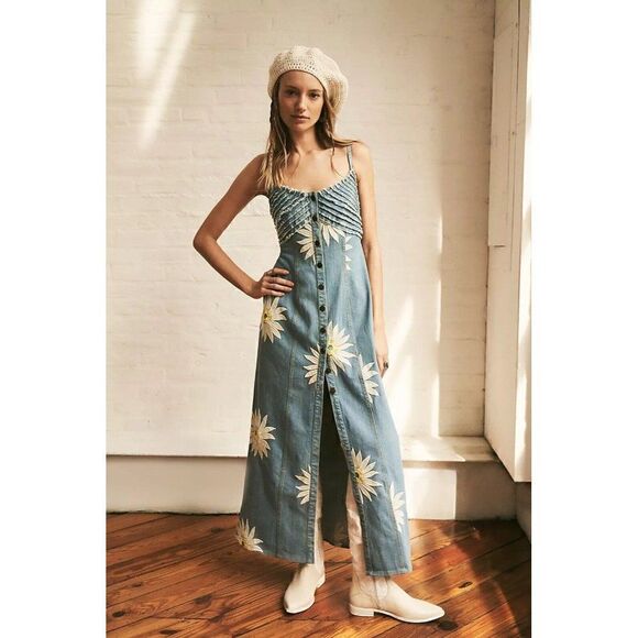 Free People Dresses & Skirts - NWT FREE PEOPLE MAISIE MIDI DRESS DENIM EMBROIDERED BUTTONDOWN JEAN DRESS